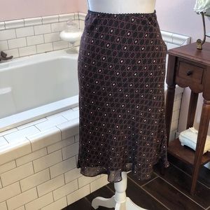 Liquid brown/maroon w/white purple green circle polkadot pattern skirt Med